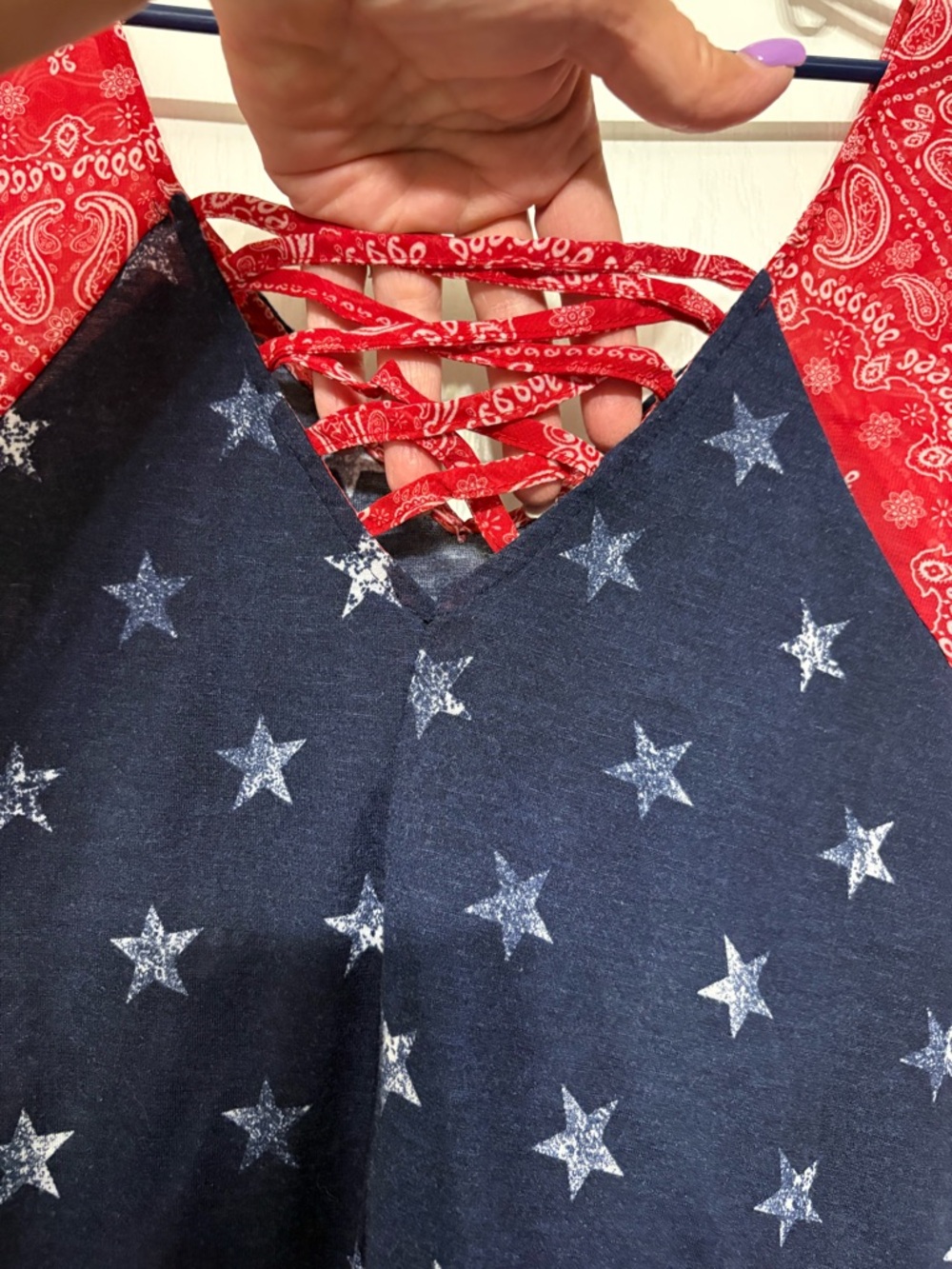 Signature Studio Navy Star Print Tank Top with Red Bandana Trim - Picture 3 of 6